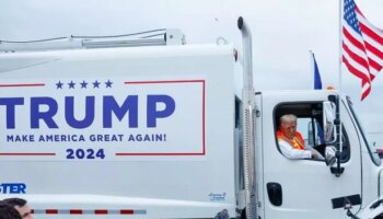 Donald Trump mocks Joe Biden by riding a rubbish truck to his Wisconsin rally