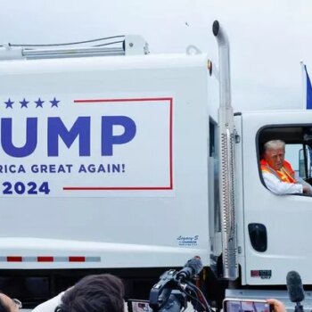 Donald Trump mocks Joe Biden by riding a rubbish truck to his Wisconsin rally