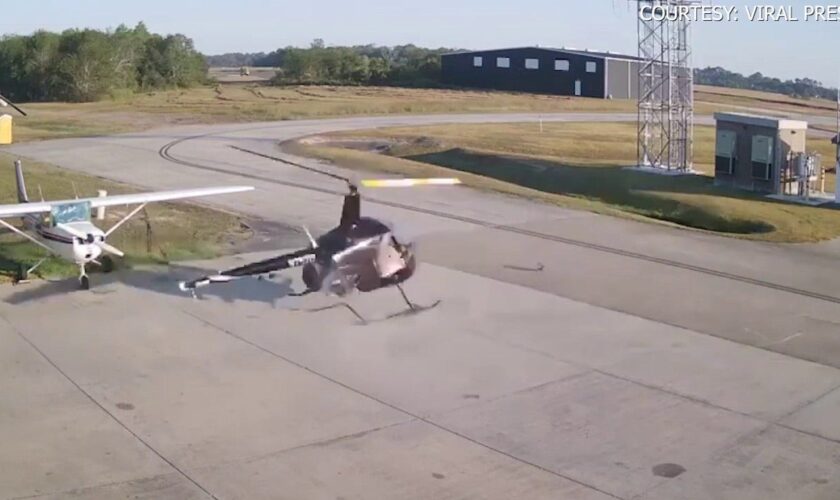 Helicopter spins out of control at Texas airport, crashes into parked plane: video