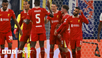 Liverpool's players celebrate after scoring against RB Leipzig in the Champions League