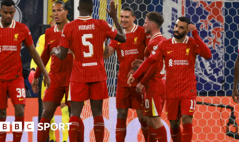 Liverpool's players celebrate after scoring against RB Leipzig in the Champions League