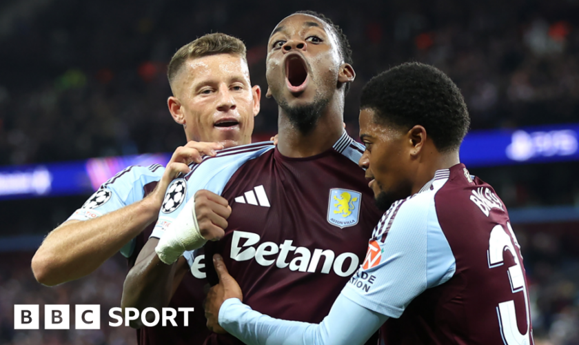 Jhon Duran celebrates scoring for Aston Villa with his team-mates