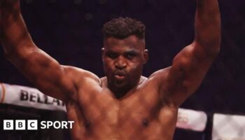 Francis Ngannou celebrates his win over Renan Ferreira at the PFL Super Fights event in Riyadh, Saudi Arabia