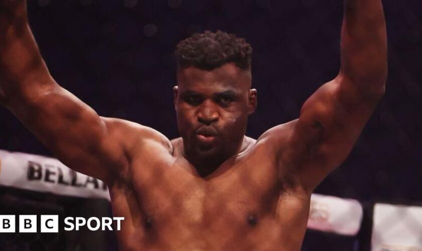 Francis Ngannou celebrates his win over Renan Ferreira at the PFL Super Fights event in Riyadh, Saudi Arabia