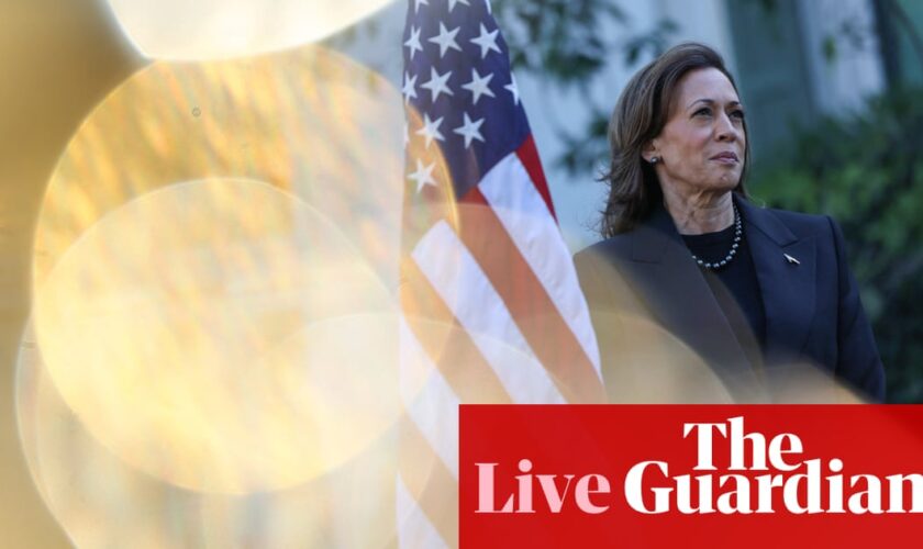 Harris takes narrow lead over Trump in New York Times poll as intense media campaign continues – US politics live