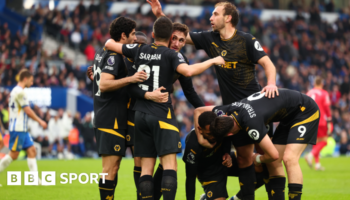 Wolves' players celebrate scoring against Brighton