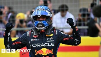 Max Verstappen pumps his arms in celebration after winning the US Grand Prix sprint race