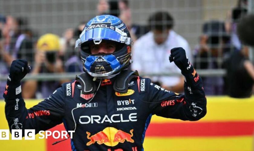 Max Verstappen pumps his arms in celebration after winning the US Grand Prix sprint race