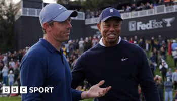 Rory McIlroy and Tiger Woods pictured during the Genesis Invitational in 2024