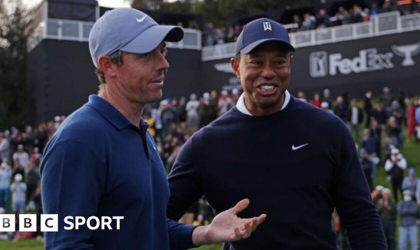 Rory McIlroy and Tiger Woods pictured during the Genesis Invitational in 2024