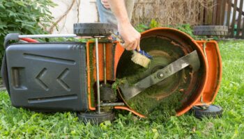 Gartentipps für November: Mnann reinigt Rasenmäher mit einem Handfeger