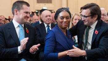 Kemi Badenoch is congratulated by her husband, Hamish. Pic: PA