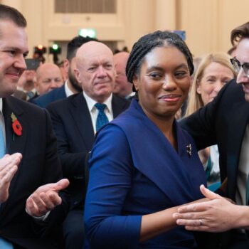 Kemi Badenoch is congratulated by her husband, Hamish. Pic: PA