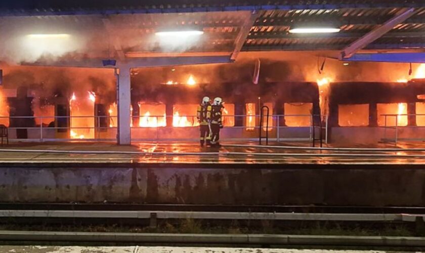 Einsatzkräfte der Feuerwehr löschen den Brand eines Zuges im S-Bahnhof Ahrensfelde. Foto: Dominik Totaro/dpa