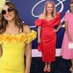 Elizabeth Hurley bucks the all-red theme in a vibrant yellow gown as she joins glamorous Samantha Armytage and Sylvia Jeffreys in leading the arrivals at the 2024 Melbourne Cup