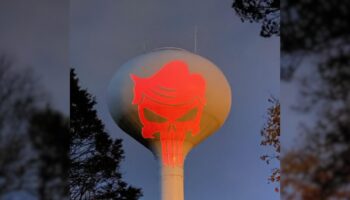 MAGA supporter sparks outrage after projecting Punisher logo with Trump’s hair on water tower