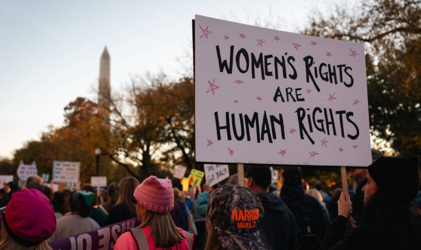 Protestmarsch von Frauen in Washington DC mit Schild:"Frauenrechte sind Menschenrechte". Das Thema trendet auf TikTok