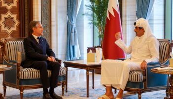 US Secretary of State Antony Blinken meets with Qatari Emir Sheikh Tamim bin Hamad al-Thani at Lusail Palace in Doha, Qatar, Wednesday, June 12, 2024. (Ibraheem Al Omari/Pool Photo via AP)