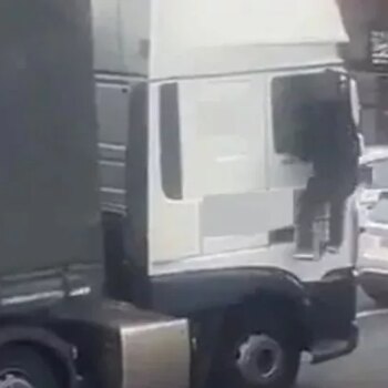 Moment thug climbs into lorry through window to attack driver in road rage brawl