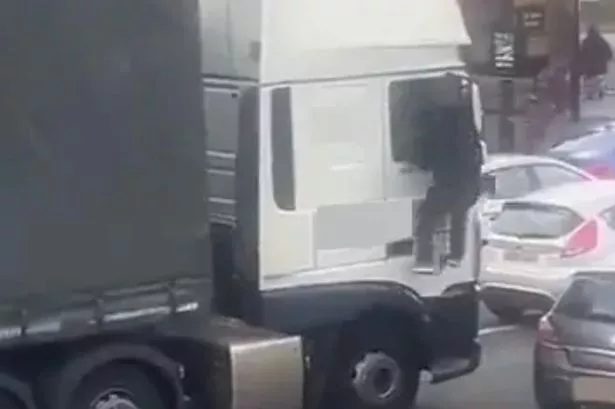 Moment thug climbs into lorry through window to attack driver in road rage brawl