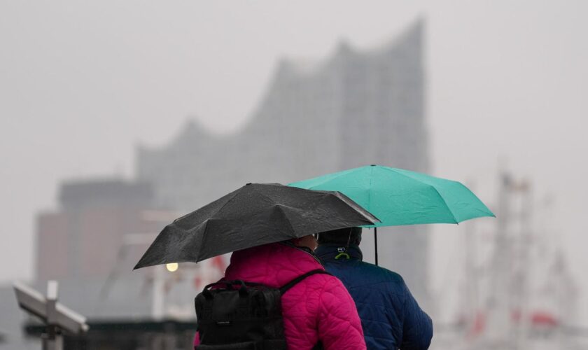 Im Regen tragen zwei Menschen in Hamburg Regenschirme, während im Hintergrund die Elbphilharmonie steht