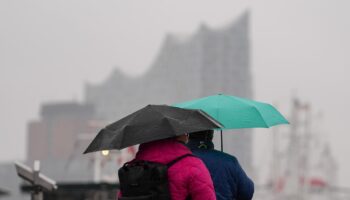 Im Regen tragen zwei Menschen in Hamburg Regenschirme, während im Hintergrund die Elbphilharmonie steht