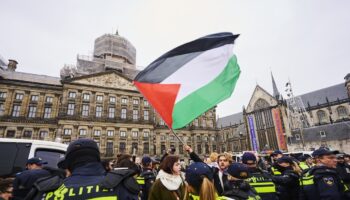 Des manifestants brandissent un drapeau palestinien lors d'une manifestation à Amsterdam, le 10 novembre 2024.