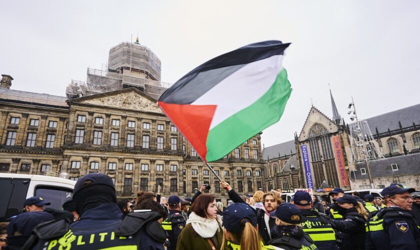 Des manifestants brandissent un drapeau palestinien lors d'une manifestation à Amsterdam, le 10 novembre 2024.