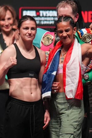 Katie Taylor and Amanda Serrano tip the scales at same weight ahead of bout