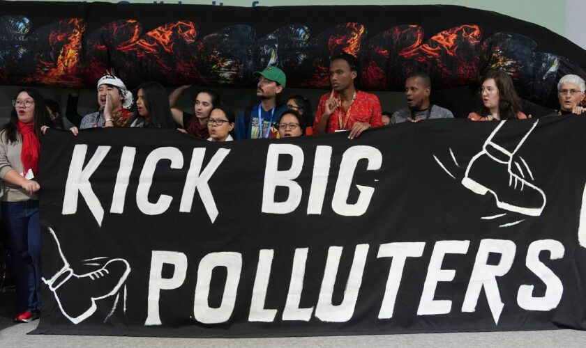 Activists participate in a demonstration against fossil fuels at the COP29 U.N. Climate Summit, Friday, Nov. 15, 2024, in Baku, Azerbaijan. (AP Photo/Joshua A. Bickel)