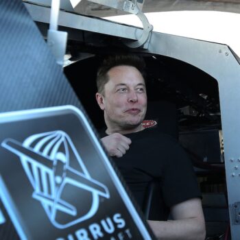 Ellon Musk, founder and CEO of SpaceX sits in a pod displayed in a booth during the SpaceX Hyperloop Pod Competition in Hawthorne, Los Angeles, California, U.S., January 29, 2017. REUTERS/Monica Almeida - RTSY00M