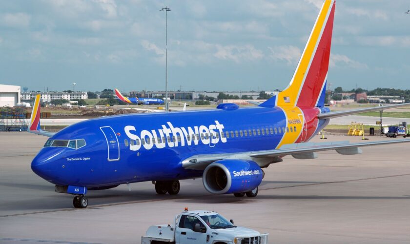 A Southwest Airlines plane prepares to depart from Dallas Love Field Airport in July 2024. Pic: AP