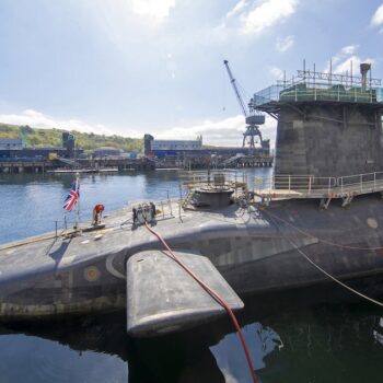 Vanguard-class submarine HMS Vigilant, one of the UK's four nuclear warhead-carrying submarines at HM Naval Base Clyde, Faslane, west of Glasgow, Scotland on April 29, 2019. A tour of the submarine was arranged to mark fifty years of the continuous, at sea nuclear deterrent. (Photo by James Glossop / POOL / AFP)