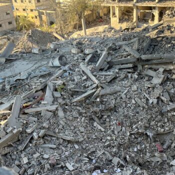 A multi-storey residential building lies in ruins following an Israeli strike in Beit Lahiya in northern Gaza. Pic: Reuters