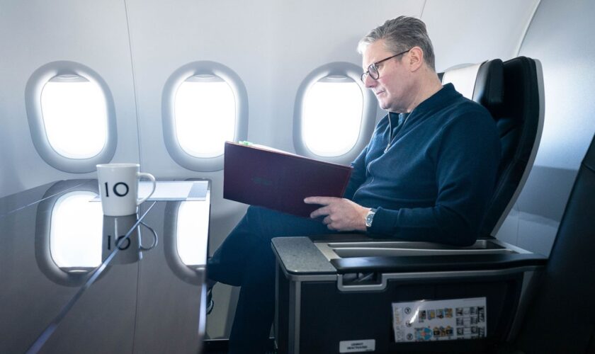 Keir Starmer on the plane to the G20 summit. Pic: PA