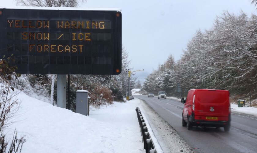 A sign displays a warning at the side of the A9 near Aviemore, Scotland, Britain November 21, 2024 REUTERS/Russell Cheyne