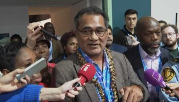 Samoa's minister of natural resources and environment speaks to reporters after walking out of COP negotiations