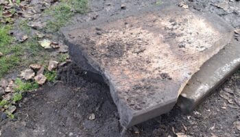 The vandalised prop gravestone. Pic: PA