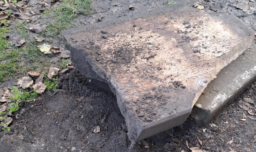 The vandalised prop gravestone. Pic: PA