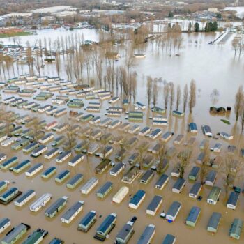 Flooded caravans at Billing Aquadrome Holiday Park near Northampton, Northamptonshire. Storm Bert will continue to bring disruption into Monday after torrential downpours caused "devastating" flooding over the weekend. Picture date: Monday November 25, 2024. PA Photo. See PA story WEATHER Bert. Photo credit should read: Jordan Pettitt/PA Wire