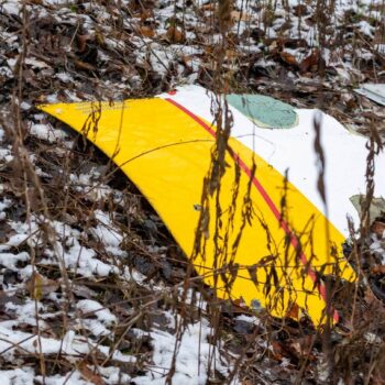 Auf einem Trümmerteil des abgestürzten Flugzeugs sind die DHL-Farben zu sehen. Foto: Mindaugas Kulbis/AP