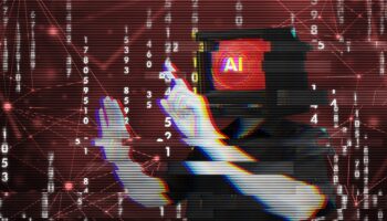 Glitching corrupted AI system hacked on red matrix background. Person with screen head symbolizing artificial intelligence rebel against human