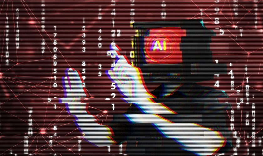 Glitching corrupted AI system hacked on red matrix background. Person with screen head symbolizing artificial intelligence rebel against human