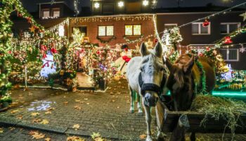 Die Nachbarn staunen: Zur Eröffnung des Oberhausener Weihnachtshauses stehen zwei Pferde vor der Tür von Dirk van Acken Foto: Ch