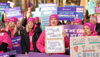 People take part in a demonstration organised by campaign group Dignity in Dying outside the Houses of Parliament in Westminster, London, in support of the Terminally Ill Adults (End of Life) Bill. Picture date: Friday November 29, 2024.