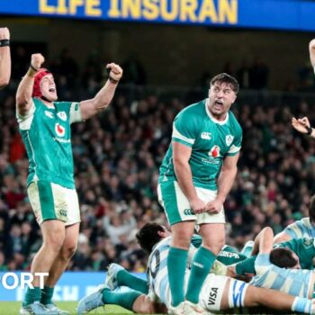 Ireland players celebrate at the final whistle