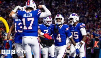 Josh Allen of the Buffalo Bills celebrates a touchdown against the Kansas City Chiefs