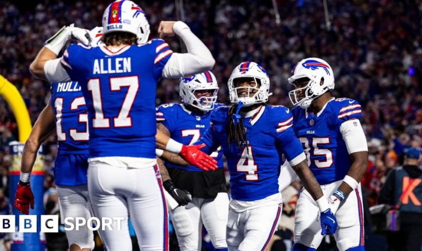 Josh Allen of the Buffalo Bills celebrates a touchdown against the Kansas City Chiefs