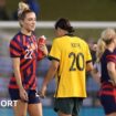 Kristie Mewis and Sam Kerr following a match between the USA and Australia in 2021