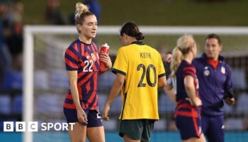 Kristie Mewis and Sam Kerr following a match between the USA and Australia in 2021